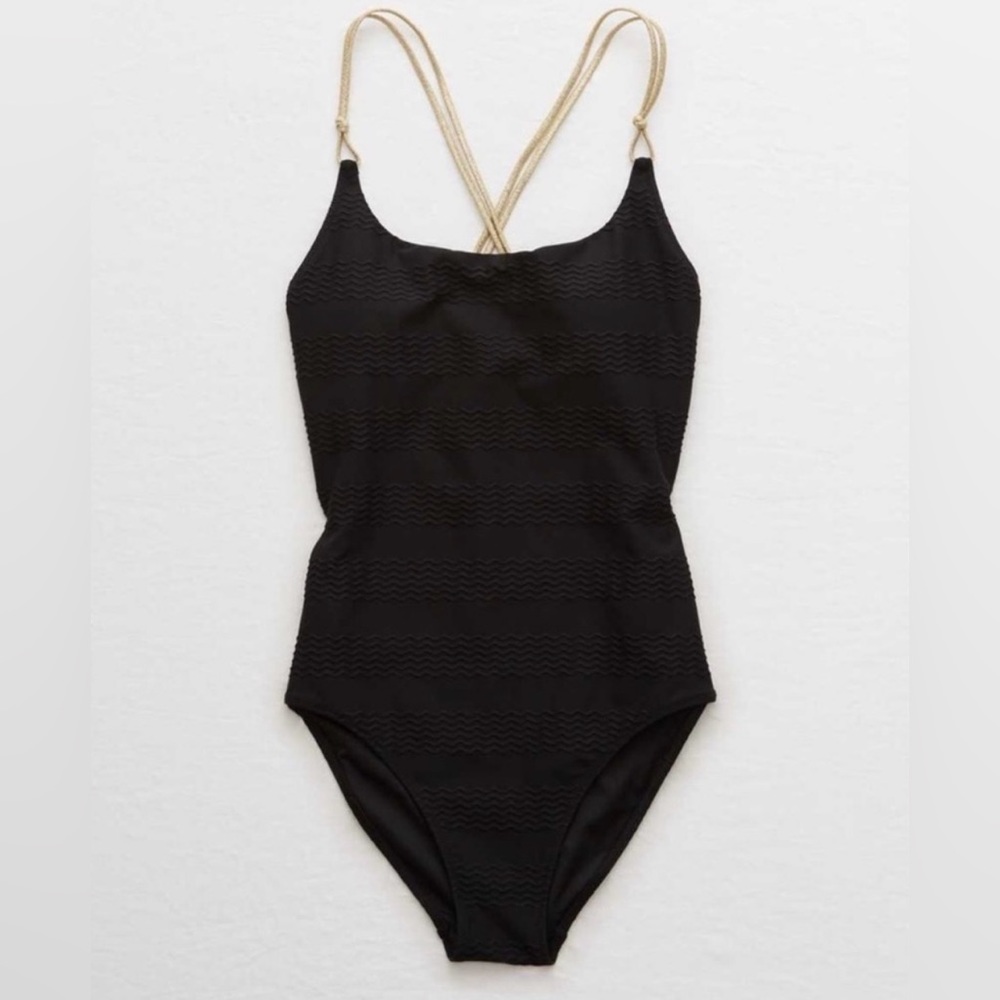 Aerie Swim One-piece Black Criss-cross Gold Straps